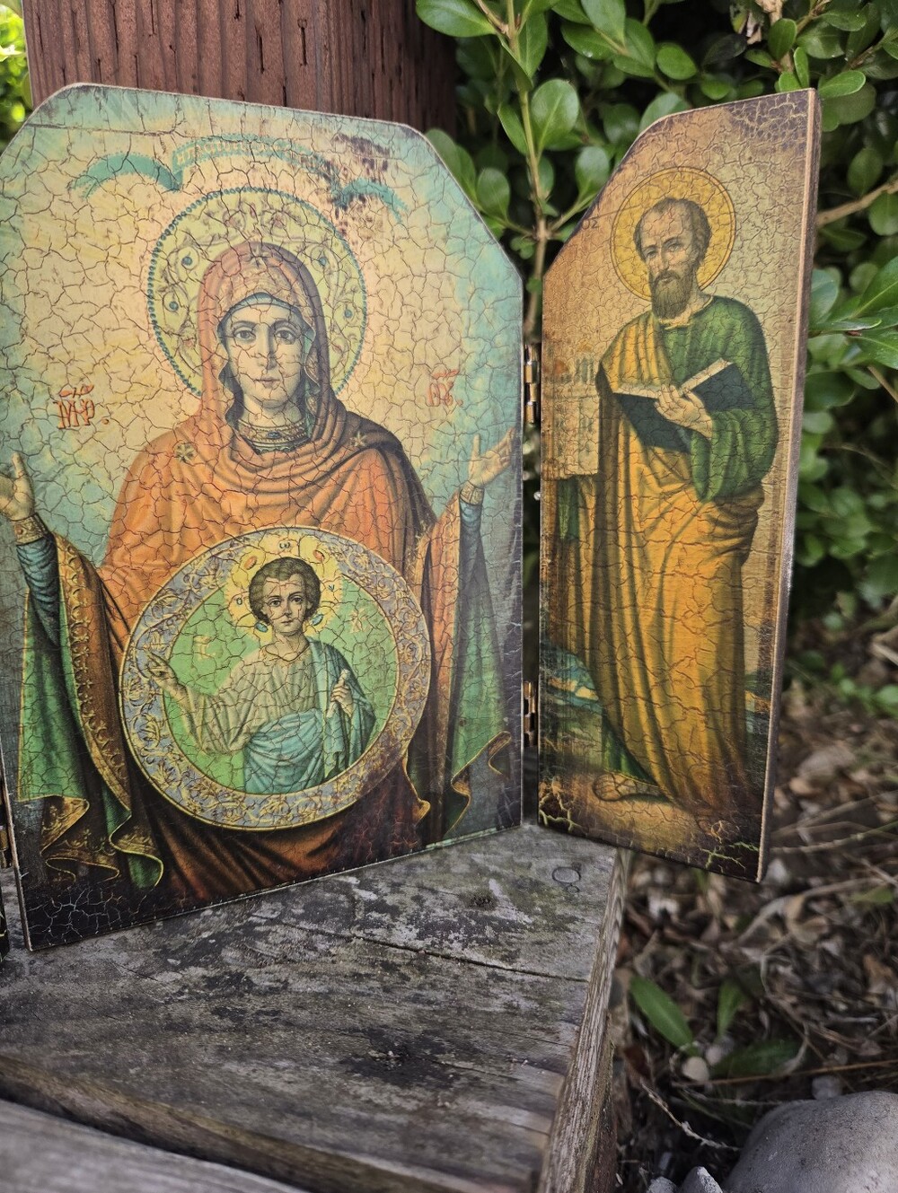 Vintage Wood Triptych Virgin Mary & Saint Peter & Saint Paul